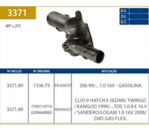 Válvula Termostática Peugeot 206 Renault Clio II Kangoo Logan Sandeiro Twingo VC-3371.89
